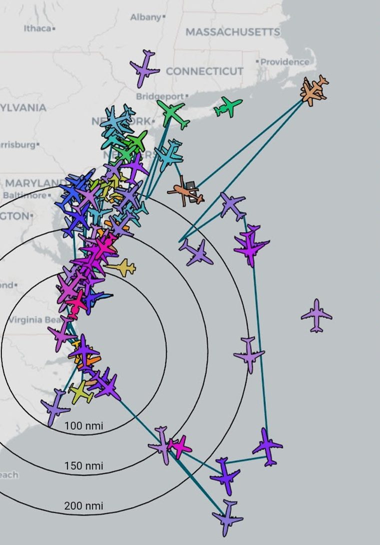 An aircraft-tracking map showing planes received well past the 200-nautical-mile range rings, far out over the Atlantic from a shore receiver